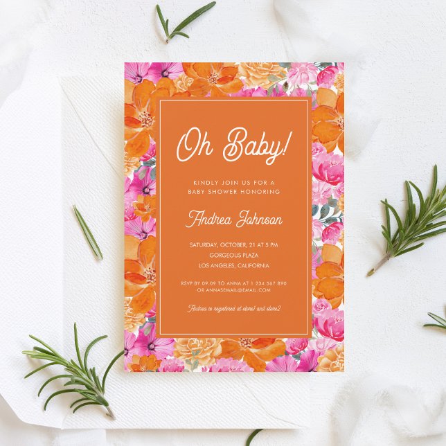 Invitación Oh Baby Pink and Naranja Vibrant Floral Baby Showe (Subido por el creador)
