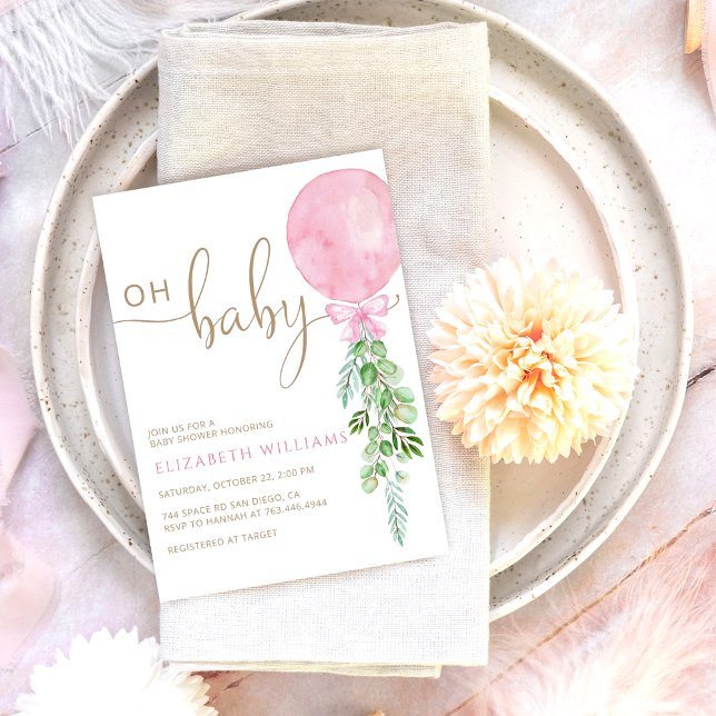 Invitación Oh Baby Pink Balloon Eucalyptus Baby Shower (Subido por el creador)