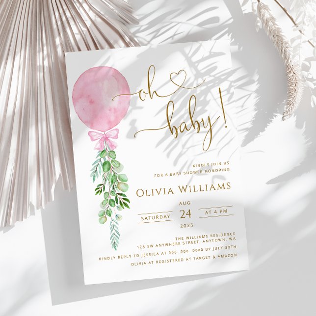 Invitación Oh Baby Pink Balloon Eucalyptus Baby Shower (Subido por el creador)