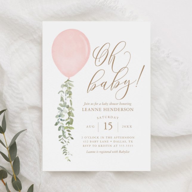 Invitación Oh Baby Pink Balloon Eucalyptus Baby Shower Invita (Subido por el creador)