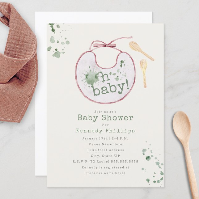 Invitación Oh Baby Pink Bib Green Babyfood Chica Baby Shower (Subido por el creador)