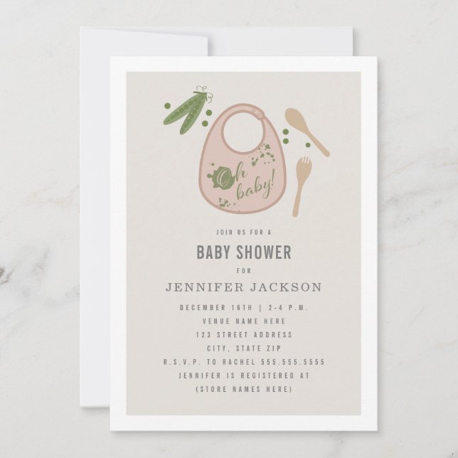 Invitación Oh Baby Pink Bib Peas Fork Spoon Chica Baby Shower (Anverso)