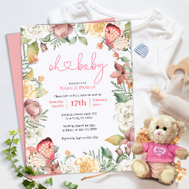 Invitación Oh Baby Pink Butterfly Chica Floral Baby Shower
