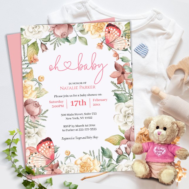 Invitación Oh Baby Pink Butterfly Chica Floral Baby Shower (Subido por el creador)