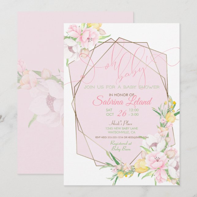 Invitación Oh Baby Pink Floral Baby Shower Crystal Frame (Anverso / Reverso)