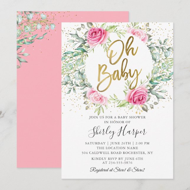 Invitación Oh Baby Pink Floral Greenery Purpurina Baby Shower (Anverso / Reverso)