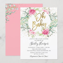 Invitación Oh Baby Pink Floral Greenery Purpurina Baby Shower