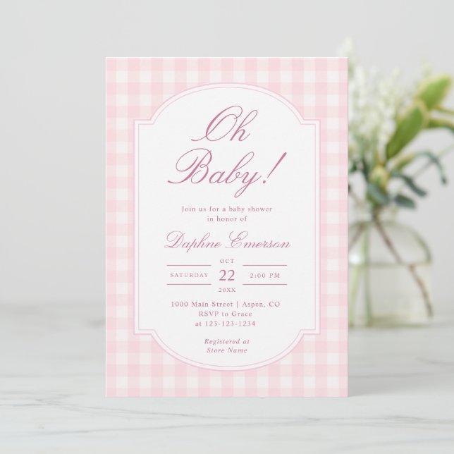 Invitación Oh Baby Pink Gingham Baby Shower (Anverso de pie)
