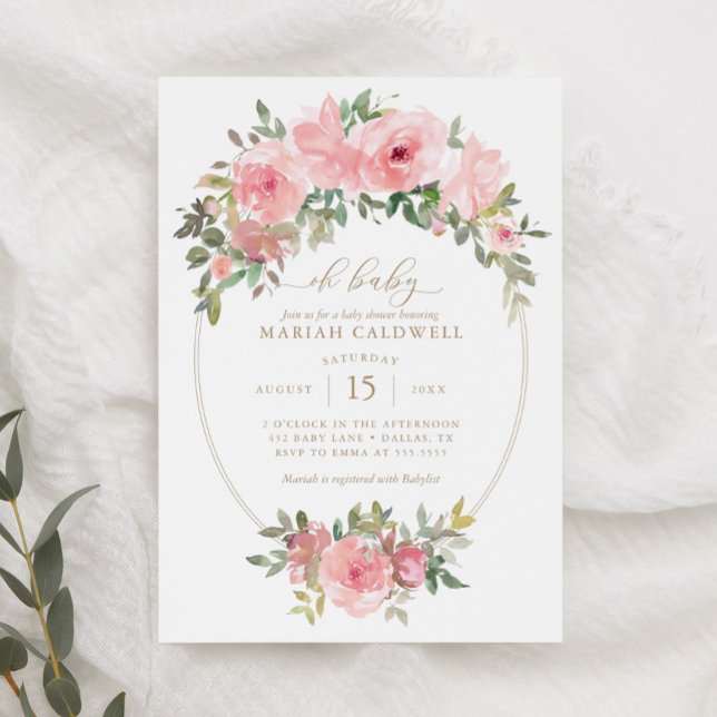 Invitación Oh Baby Pink Gold Floral Greenery Chica Baby Showe (Subido por el creador)