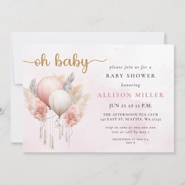 Invitación Oh Baby Pink Gold Pampas Boho Chica Baby Shower (Anverso)