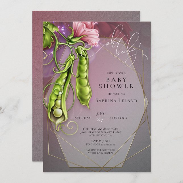 Invitación Oh Baby Pink - Guisantes dulces en un Baby Shower  (Anverso / Reverso)