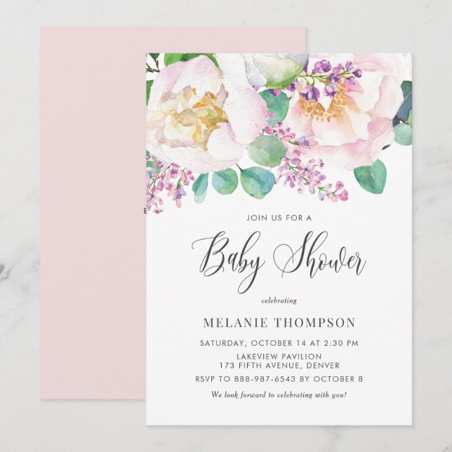 Invitación Oh Baby Pink Peonies y Eucalyptus Baby Shower (Anverso / Reverso)