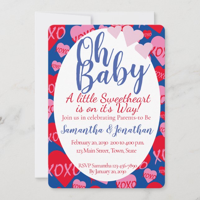 Invitación Oh Baby Pink Red Hombros Baby Shower Blue (Anverso)