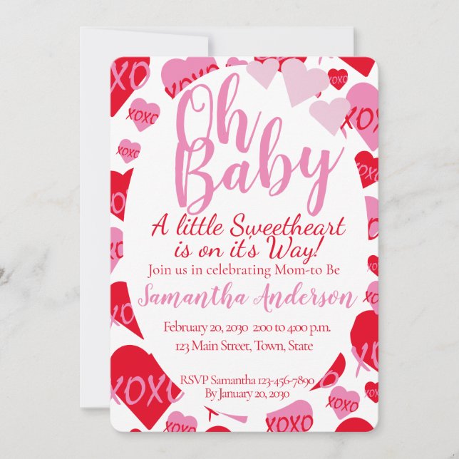 Invitación Oh Baby Pink Red Hoyers Baby Shower White (Anverso)