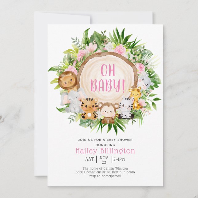 Invitación Oh Baby Pink Safari Jungle Watercolor Baby Shower (Anverso)