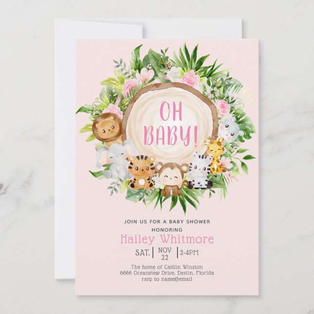 Invitación Oh Baby Pink Safari Jungle Wild Animal Baby Shower (Anverso)
