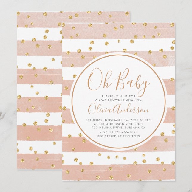 Invitación Oh Baby Pink Stripe Purpurina Baby Shower (Anverso / Reverso)