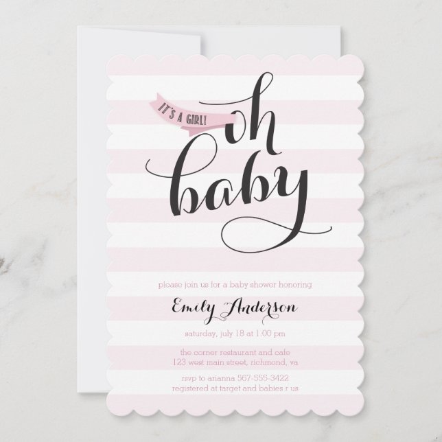 Invitación Oh Baby Pink Stripes Baby Shower Invitar (Anverso)