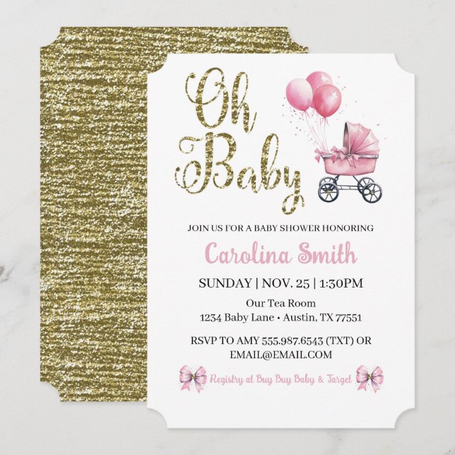 Invitación Oh Baby Pink Stroller Gold Purpurina Baby Shower (Anverso / Reverso)