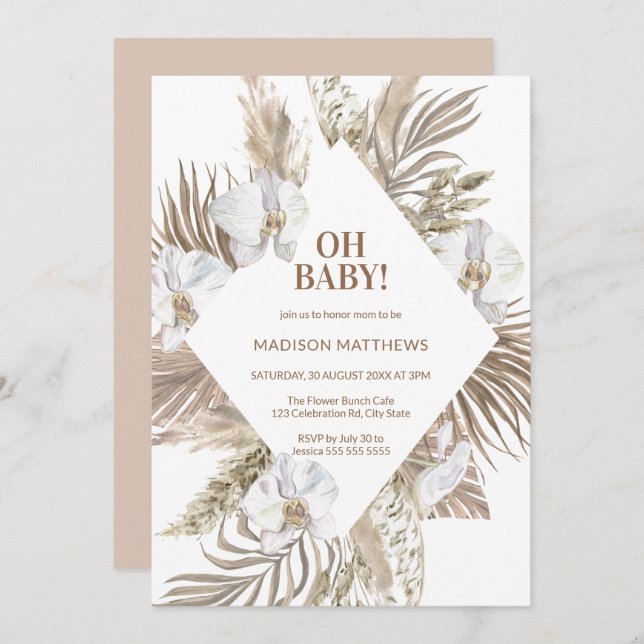 Invitación Oh Baby Pink & Tan Boho Floral Baby Shower (Anverso / Reverso)