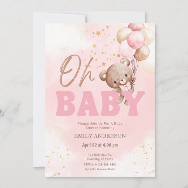 Invitación Oh Baby Pink Teddy Bear Balloons Girl Baby Shower  (Anverso)