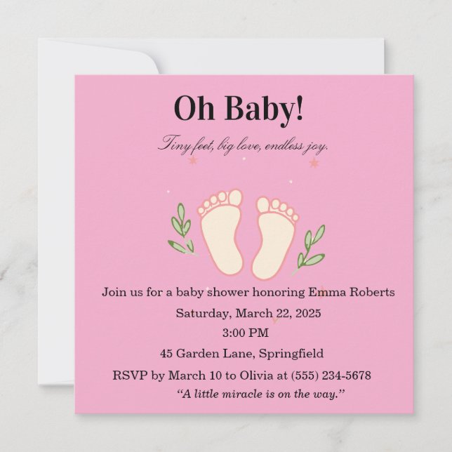 Invitación Oh Baby Pink Tiny Feet Girl Baby Shower Invitation (Anverso)