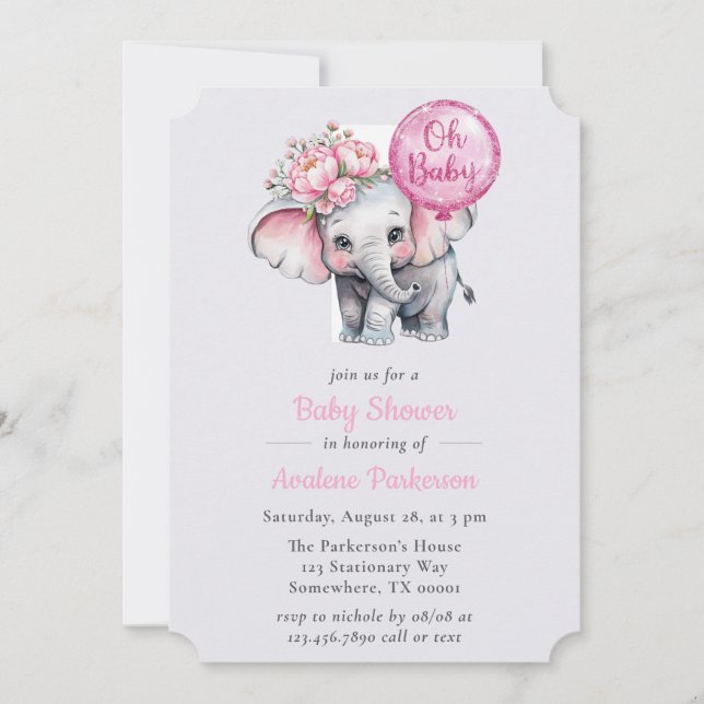 Invitación Oh Baby Pintado Elephant Chica Floral Baby Shower (Anverso)