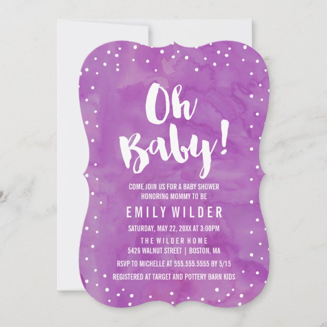 Invitación Oh Baby Purple Watercolor Baby Shower (Anverso)