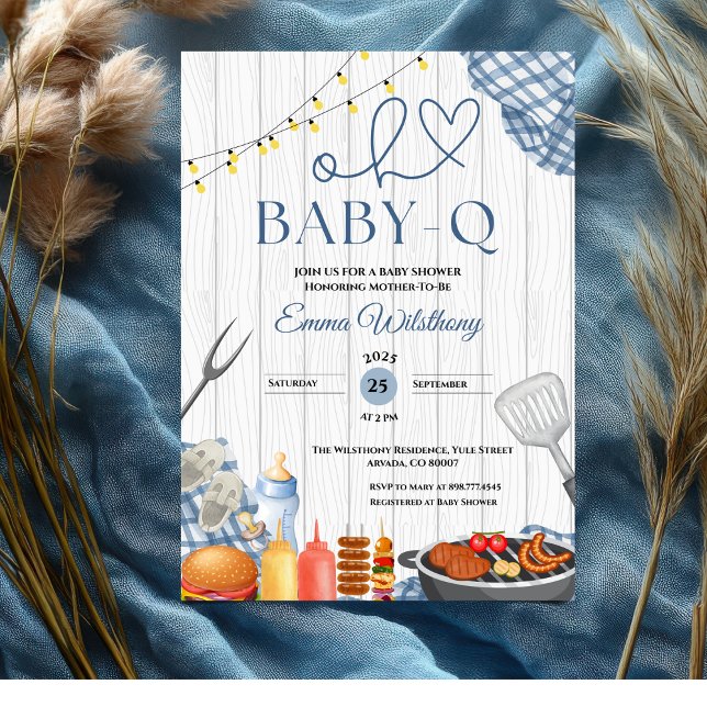 Invitación Oh Baby-Q Baby Shower Boy Rustic BBQ (bbq baby shower invitations blue gingham backyard plaid barbecue rustic country cute boy fun  babyq)