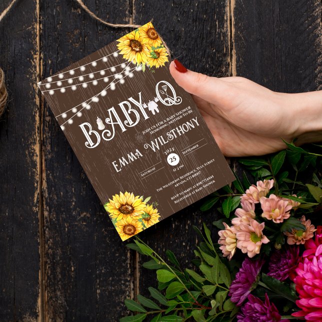 Invitación Oh Baby-Q Baby Shower Rustic Sunflower BBQ (unisex backyard couples baby shower Baby-Q western Rustic Sunflower BBQ boho wooden CELEBRATE MOTHER)