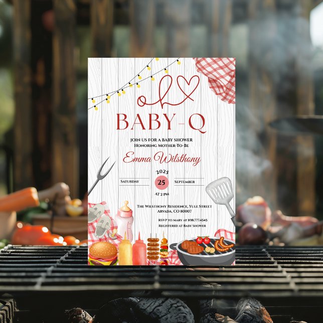Invitación Oh Baby-Q Chica de Baby Shower Rustic BBQ (bottle pacifier red gingham check bbq baby shower invitations backyard plaid barbecue country out )