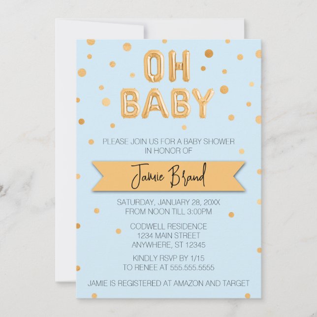 Invitación Oh Baby Relieve metalizado dorado Balloon Baby Sho (Anverso)