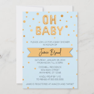 Invitación Oh Baby Relieve metalizado dorado Balloon Baby Sho