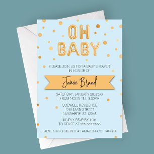 Invitación Oh Baby Relieve metalizado dorado Balloon Baby Sho