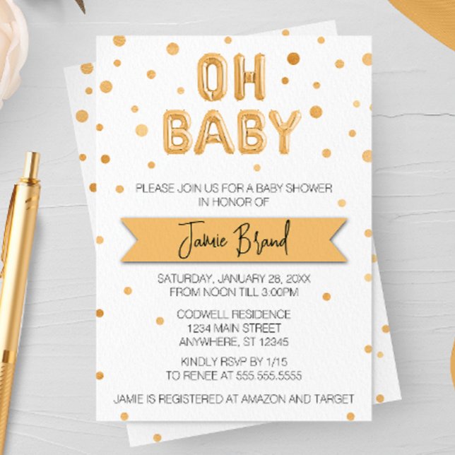 Invitación Oh Baby Relieve metalizado dorado Balloon Baby Sho (Subido por el creador)