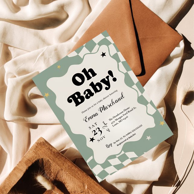 Invitación Oh Baby! Retro Checkered Sage Green Baby Shower  (Subido por el creador)