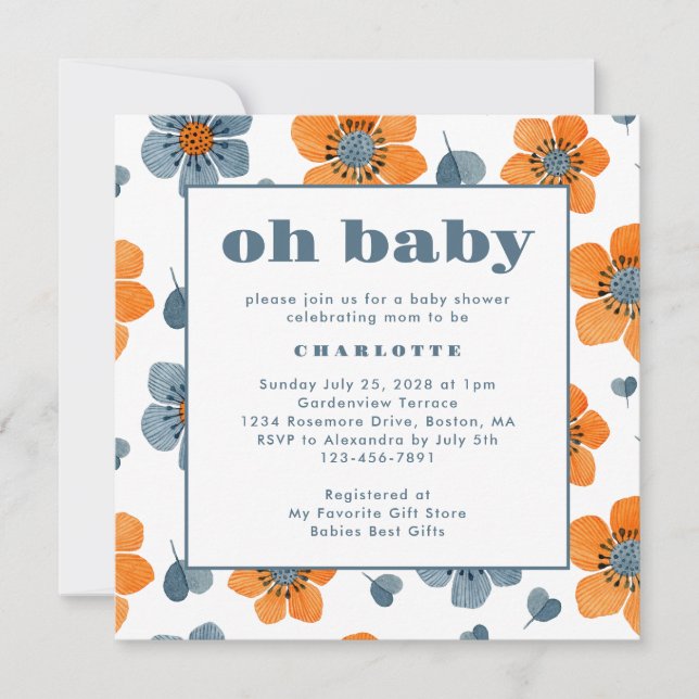 Invitación Oh Baby Retro Naranja Floral Blue Baby Shower (Anverso)