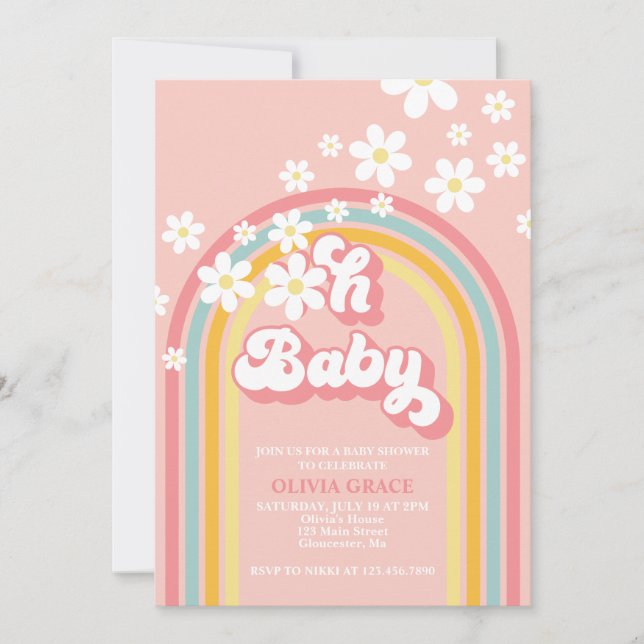 Invitación Oh Baby Retro Rainbow Daisy Baby Shower (Anverso)