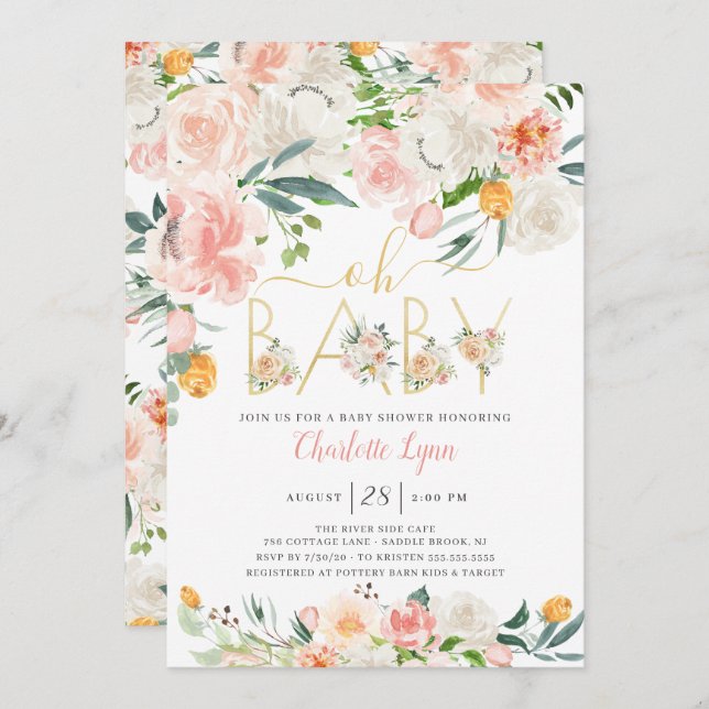 Invitación Oh Baby Rubor Pink Gold Floral Baby Shower (Anverso / Reverso)