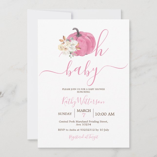 Invitación Oh Baby Rubor Pink Pumpkin Floral Baby Shower (Anverso)