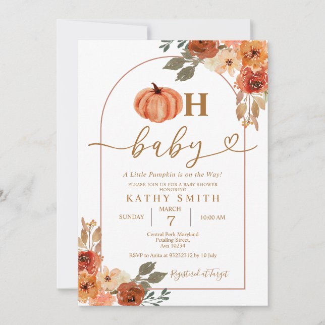 Invitación Oh Baby Rustic Boho Floral Pumpkin Baby Shower (Anverso)