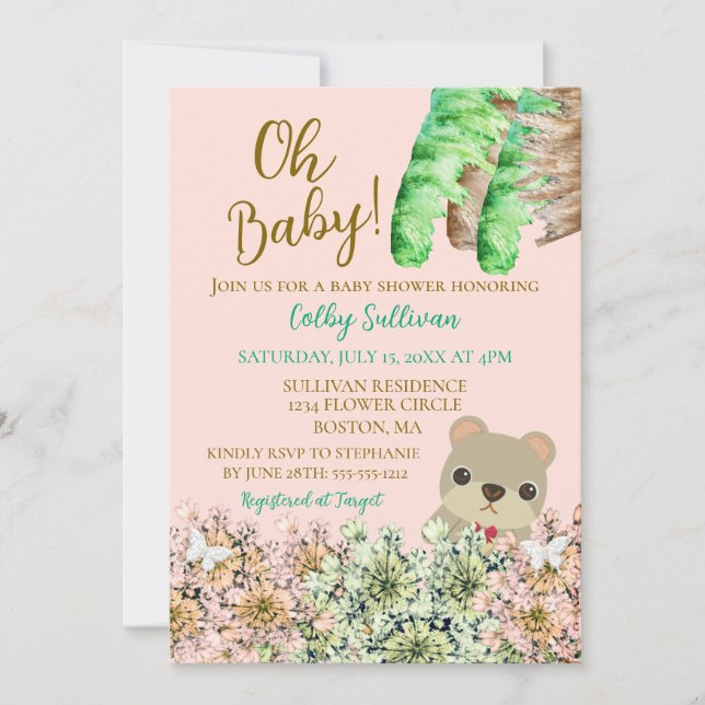 Invitación Oh Baby Rustic Greenery Teddy Bear Baby Shower (Anverso)