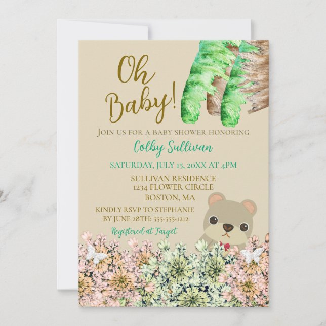Invitación Oh Baby Rustic Greenery Teddy Bear Baby Shower (Anverso)