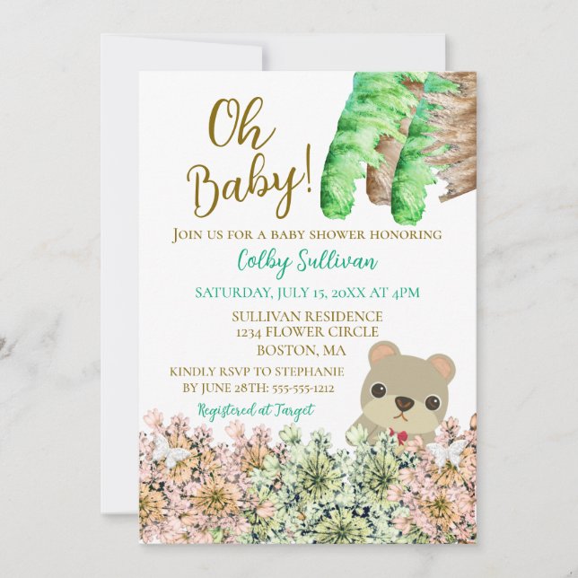 Invitación Oh Baby Rustic Greenery Teddy Bear Baby Shower (Anverso)