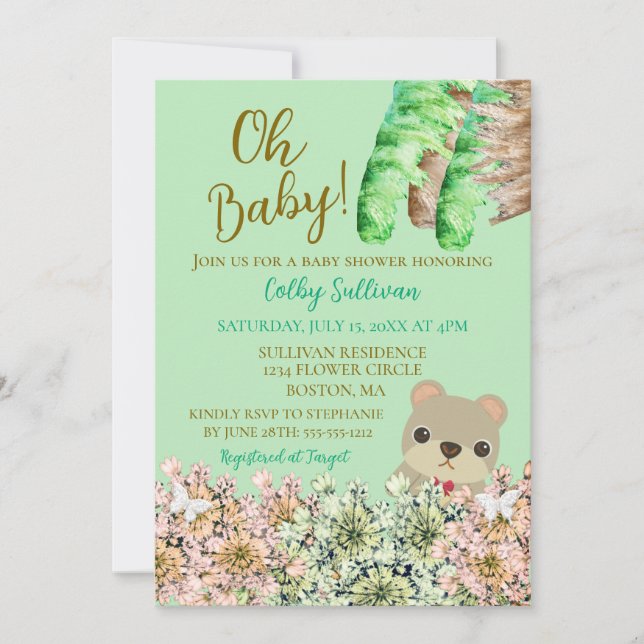 Invitación Oh Baby Rustic Greenery Teddy Bear Baby Shower (Anverso)