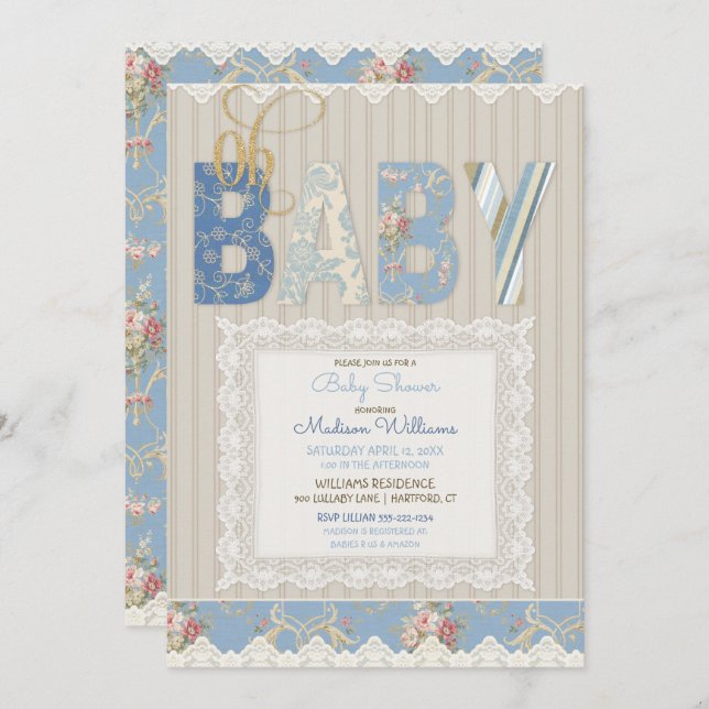 Invitación Oh Baby Rustic Wood Lace Blue Ivory Boy (Anverso / Reverso)