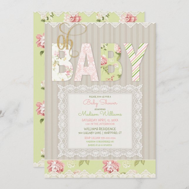 Invitación Oh Baby Rustic Wood Lace Chica Verde Rosa (Anverso / Reverso)