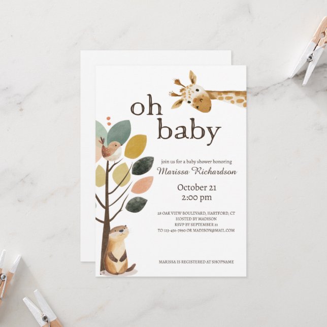 Invitación Oh Baby Safari Animals Baby Shower (Anverso/Reverso In Situ)