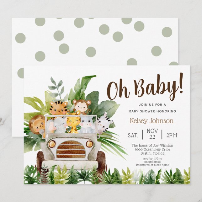Invitación Oh Baby Safari Jungle Zoo Animals Boy Baby Shower (Anverso / Reverso)