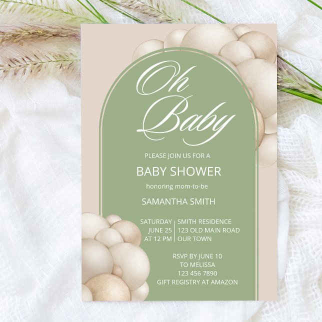 Invitación Oh baby sage baraja de globo beige simple minimali (Subido por el creador)